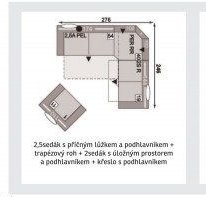 2,5sedák s příčným lůžkem a podhlavníkem + trapézový roh + 2sedák s úložným prostorem a podhlavníkem + křeslo s podhlavníkem