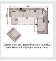 Otoman + 3 sedák s příčným lůžkem + trapézový roh + 2sedák s úložným prostorem + křeslo