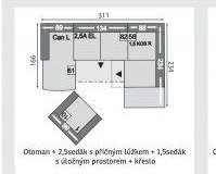 Otoman + 2,5edák s příčným lůžkem + 1,5sedák s úložným prostorem + křeslo