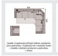 3sedák s trapézovým příčným lůžkem, potažením zad a područkou + trapézový roh s relaxační funkcí + 2sedák s úložným prostorem a područkou + křeslo