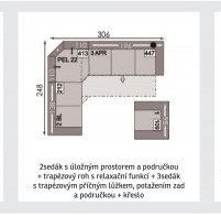 2sedák s úložným prostorem a područkou + trapézový roh s relaxační funkcí + 3sedák s trapézovým příčným lůžkem, potažením zad a područkou + křeslo