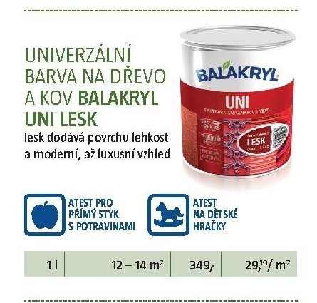 UNIVERZÁLNÍ BARVA NA DŘEVO A KOV BALAKRYL UNI LESK