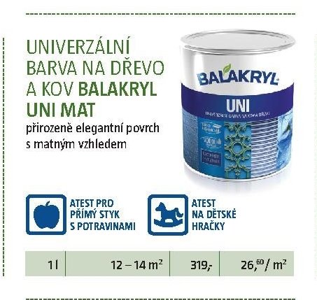 UNIVERZÁLNÍ BARVA NA DŘEVO A KOV BALAKRYL UNI MAT