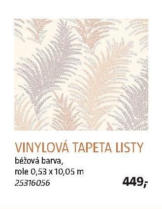 Vinylová tapeta listy, béžová barva, role 0,53 x 10,05 m