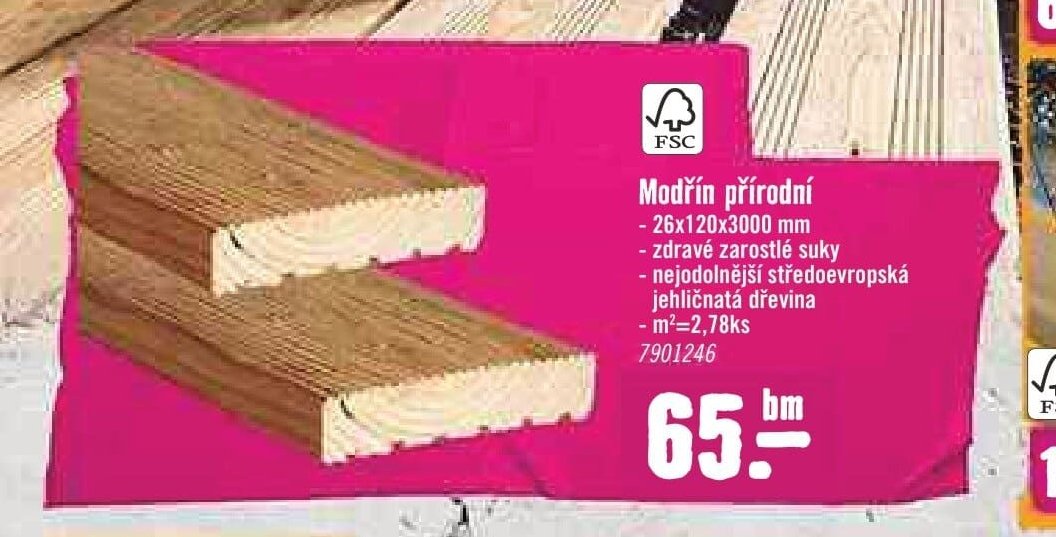 Modřín přírodní 26x120x3000 mm