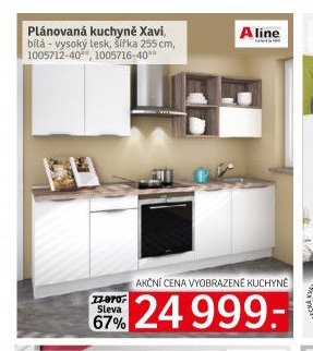 Plánovaná kuchyně Xavi, bílá - vysoký lesk, šířka 255 cm