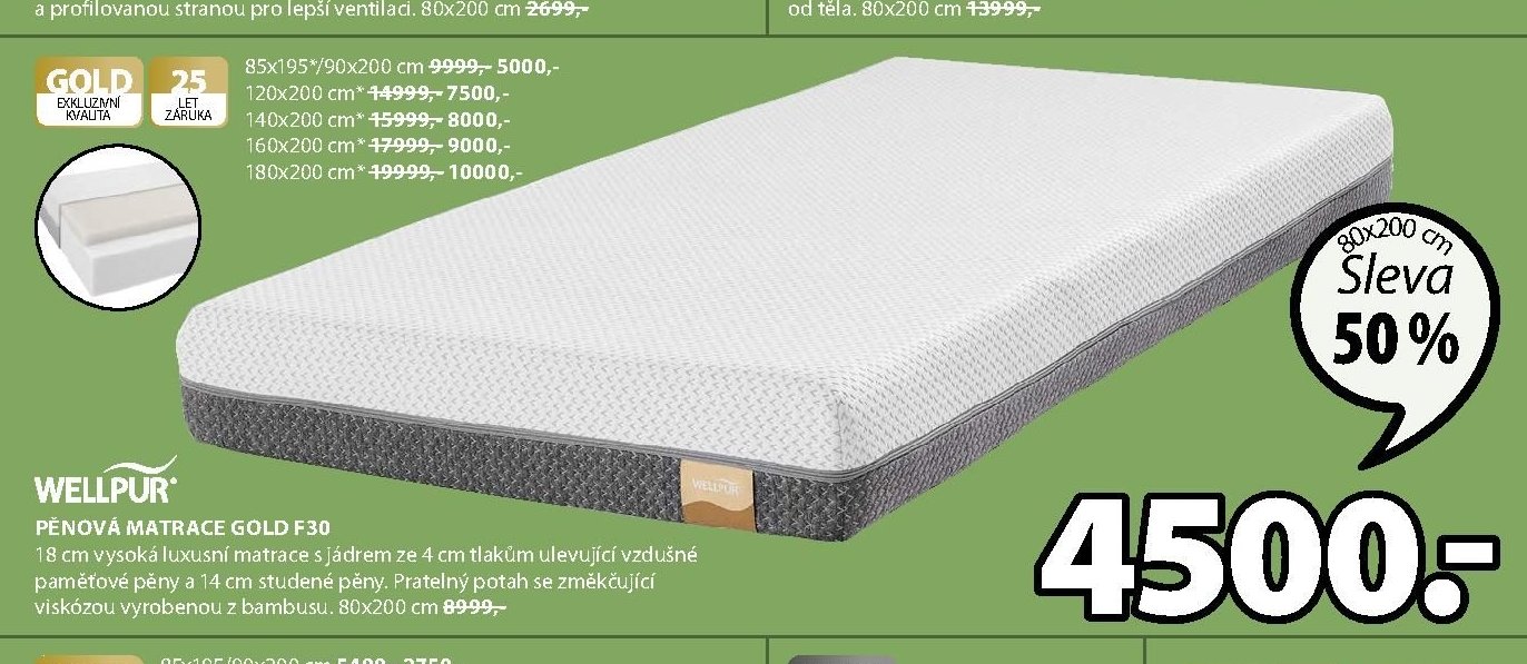 WELLPUR PĚNOVÁ MATRACE GOLD F30