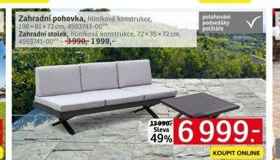 Zahradní pohovka, hliníková konstrukce, 198 × 81 × 72 cm, Zahradní stolek, hliníková konstrukce, 72 × 35 × 72 cm