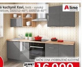 Plánovaná kuchyně Xavi, šedá - vysoký lesk, šířka 285 cm