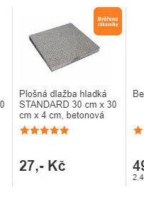 Plošná dlažba hladká STANDARD 30 cm x 30 cm x 4 cm, betonová
