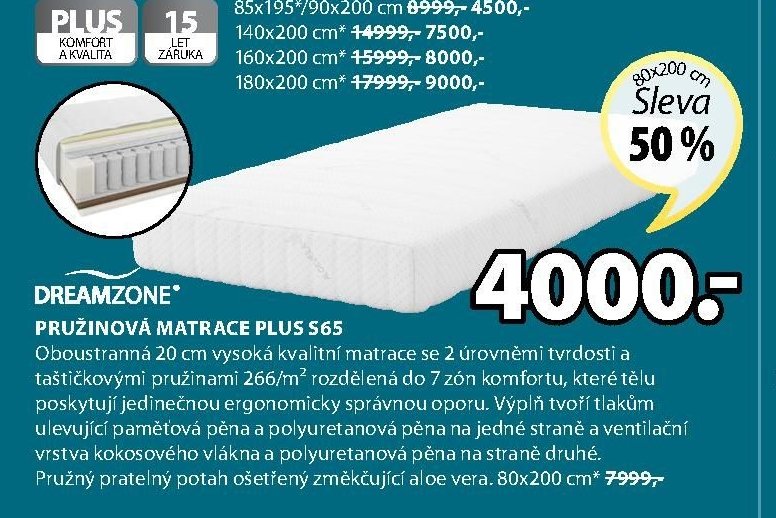 DREAMZONE PRUŽINOVÁ MATRACE PLUS S65