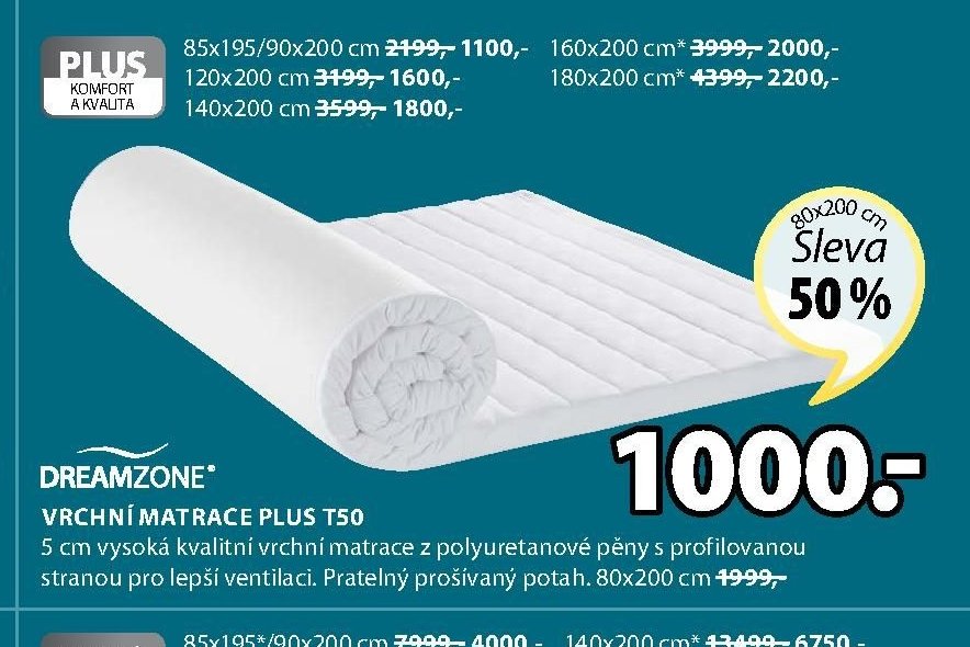 DREAMZONE VRCHNÍ MATRACE PLUS T50