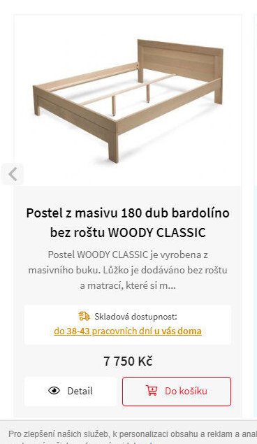 Postel z masivu 180 dub bardolío bez roštu WOODY CLASSIC