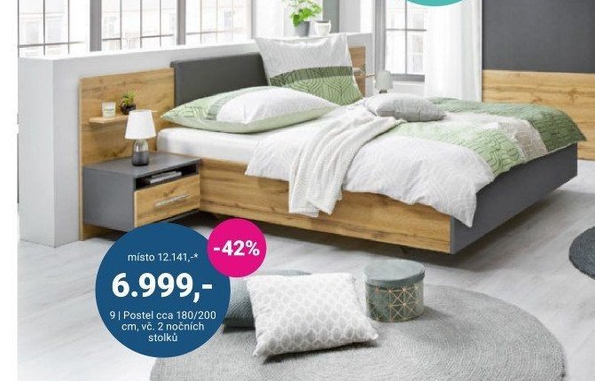 Postel cca 180/200 cm, vč. 2 nočních stolků