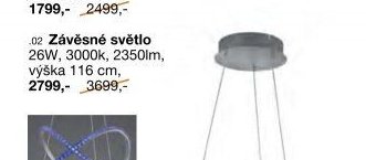 Závěsné světlo 26W, 3000k, 2350lm, výška 116 cm