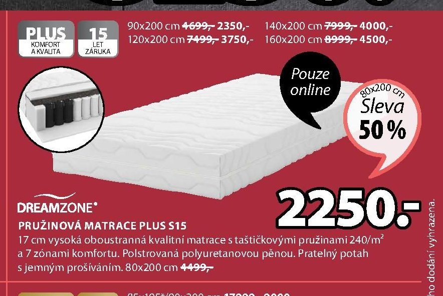 DREAMZONE PRUŽINOVÁ MATRACE PLUS S15