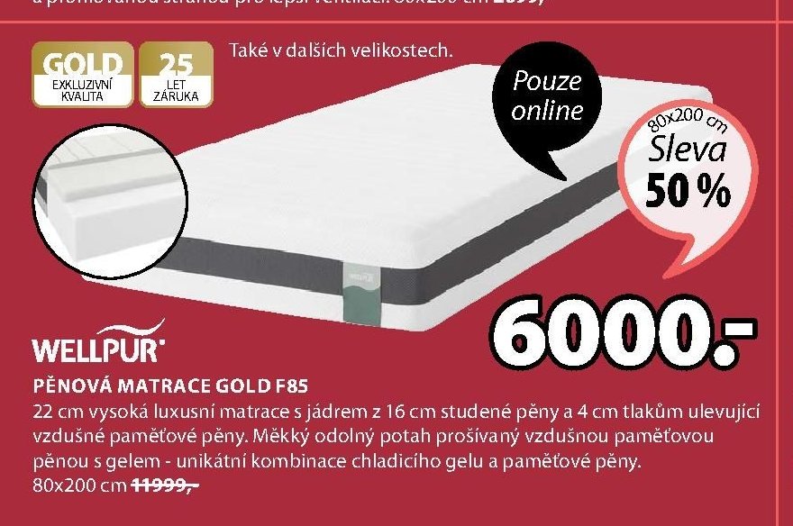 WELLPUR PĚNOVÁ MATRACE GOLD F85