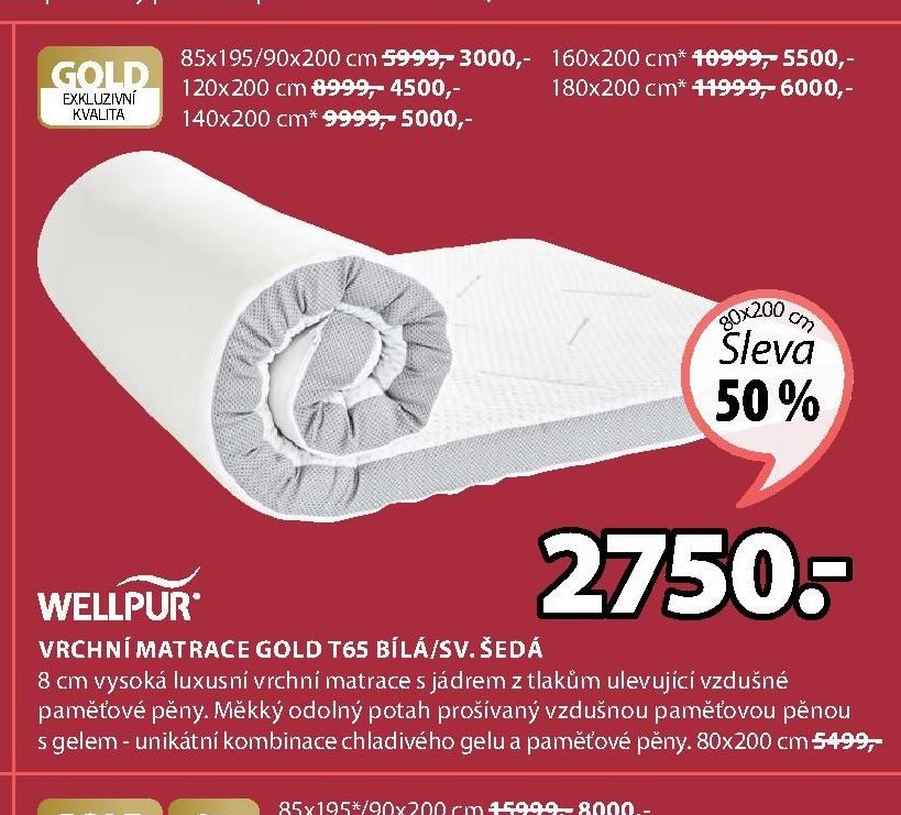 VRCHNÍ MATRACE GOLD T65 BÍLÁ/SV. ŠEDÁ