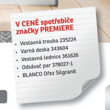 Spotřebiče značky PREMIERE (Trouba, Varná deska, Lednice, Odsavač par, Dřez)