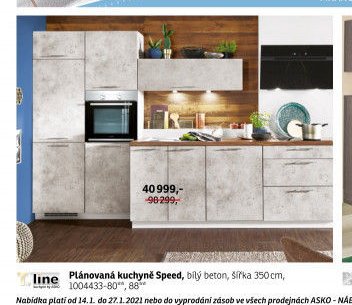 Plánovaná kuchyně Speed, bílý beton, šířka 350 cm