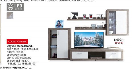 Obývací stěna Island, dub ribbeck/bílá nebo dub ribbeck/beton, 350x192x42 cm, včetně LED osvětlení, energetická třída A, 4588262-00, 4588265-00
