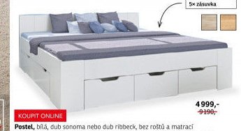 Postel, bílá, dub sonoma nebo dub ribbeck, bez roštů a matrací