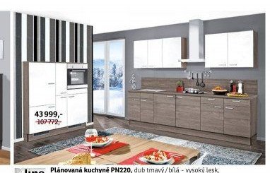 Plánovaná kuchyně PN220, dub tmavý/bílá - vysoký lesk