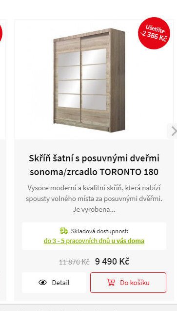 Skříň šatní s posuvnými dveřmi sonoma/zrcadlo TORONTO 180