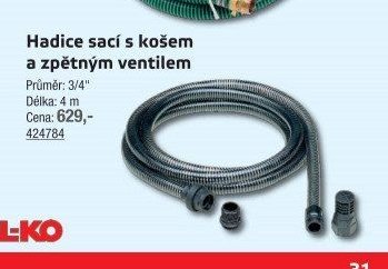 Hadice sací s košem a zpětným ventilem