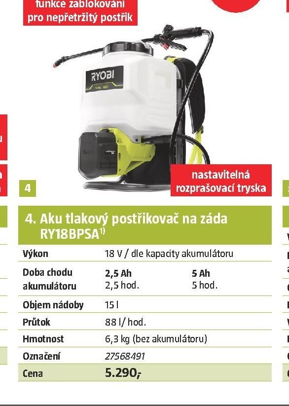 Aku tlakový postřikovač na záda RY18BPSA