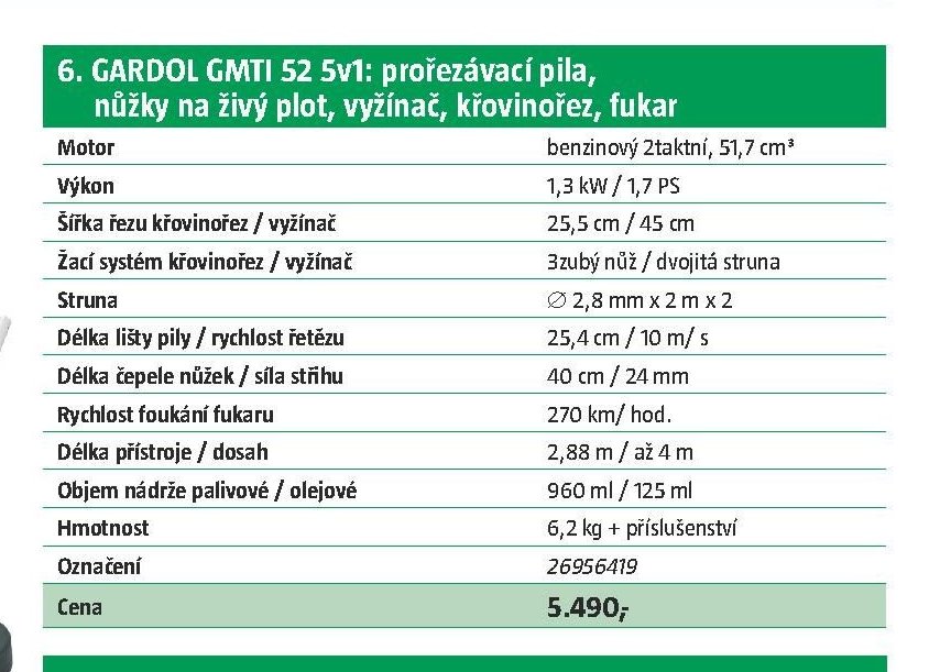 GARDOL GMTI 52 5v1: prořezávací pila, nůžky na živý plot, vyžínač, křovinořez, fukar