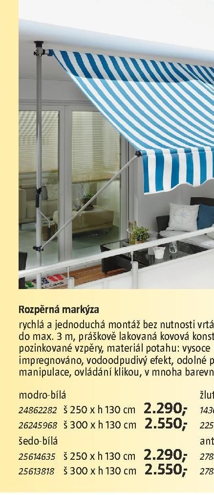 Rozpěrná markýza modro-bílá 250 x 130 cm