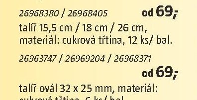 talíř 15,5 cm / 18 cm / 26 cm, materiál: cukrová třtina, 12 ks/ bal.
