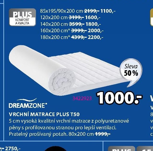 VRCHNÍ MATRACE PLUS T50