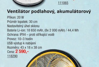 Ventilátor podlahový, akumulátorový