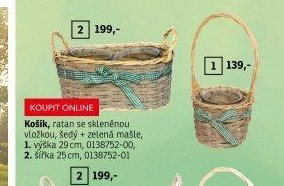 Košík, ratan se skleněnou vložkou, šedý + zelená mašle