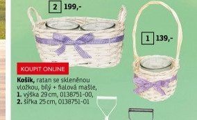 Košík, ratan se skleněnou vložkou, bílý + fialová mašle