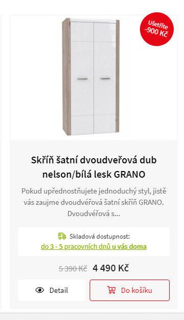 Skříň šatní dvoudveřová dub nelson/bílá lesk GRANO