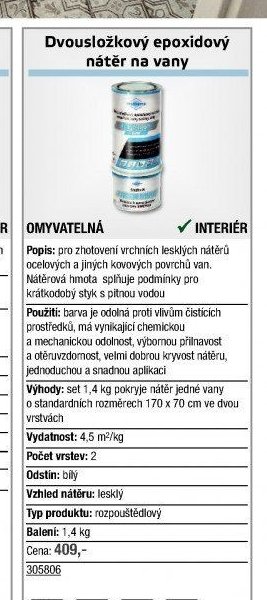 Dvousložkový epoxidový nátěr na vany