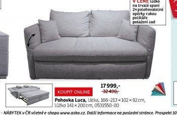 Pohovka Luca, Látka, 166-213 x 102 x 92 cm, lůžko 141 x 200 cm, 0531550-00
