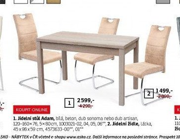 1. Jídelní stůl Adam, bílá, beton, dub sonoma nebo dub artisan, 120-160x76, 5x80cm; 2. Jídelní židle, látka, 45x96x59 cm