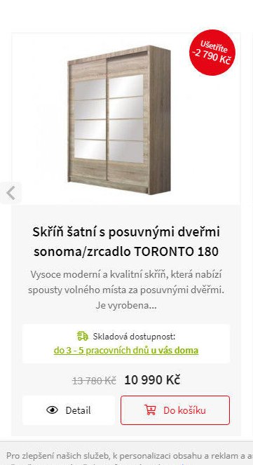 Skříň šatní s posuvnými dveřmi sonoma/zrcadlo TORONTO 180