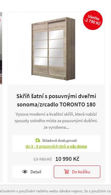 Skříň šatní s posuvnými dveřmi sonoma/zrcadlo TORONTO 180