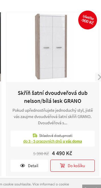 Skříň šatní dvoudveřová dub nelson/bílá lesk GRANO