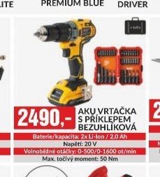 AKU VRTAČKA S PŘÍKLEPEM BEZUHLÍKOVÁ Baterie/kapacita: 2x Li-Ion / 2,0 Ah Napětí: 20 V Volnoběžné otáčky: 0-500/0-1600 ot/min Max. točivý moment: 50 Nm