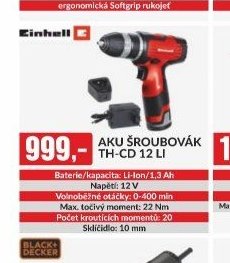 AKU ŠROUBOVÁK TH-CD 12 LI Baterie/kapacita: Li-Ion/1,3 Ah Napětí: 12 V Volnoběžné otáčky: 0-400 min Max. točivý moment: 22 Nm Počet kroutících momentů: 20 Sklíčidlo: 10 mm