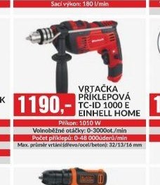 VRTAČKA PŘÍKLEPOVÁ TC-ID 1000 E EINHELL HOME Příkon: 1010 W Volnoběžné otáčky: 0-3000ot./min Počet příklepů: 0-48 000úderů/min Max. průměr vrtání:(dřevo/ocel/beton): 32/13/16 mm