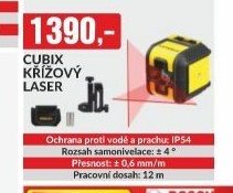 CUBIX KŘÍŽOVÝ LASER Ochrana proti vodě a prachu: IP54 Rozsah samonivelace: ± 4° Přesnost: ± 0,6 mm/m Pracovní dosah: 12 m