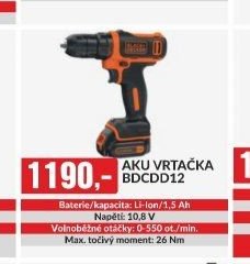 AKU VRTAČKA BDCDD12 Baterie/kapacita: Li-Ion/1,5 Ah Napětí: 10,8 V Volnoběžné otáčky: 0-550 ot./min. Max. točivý moment: 26 Nm