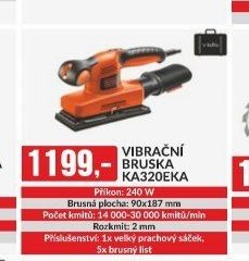 VIBRAČNÍ BRUSKA KA320EKA Příkon: 240 W Brusná plocha: 90x187 mm Počet kmitů: 14 000-30 000 kmitů/min Rozkmit: 2 mm Příslušenství: 1x velký prachový sáček, 5x brusný list